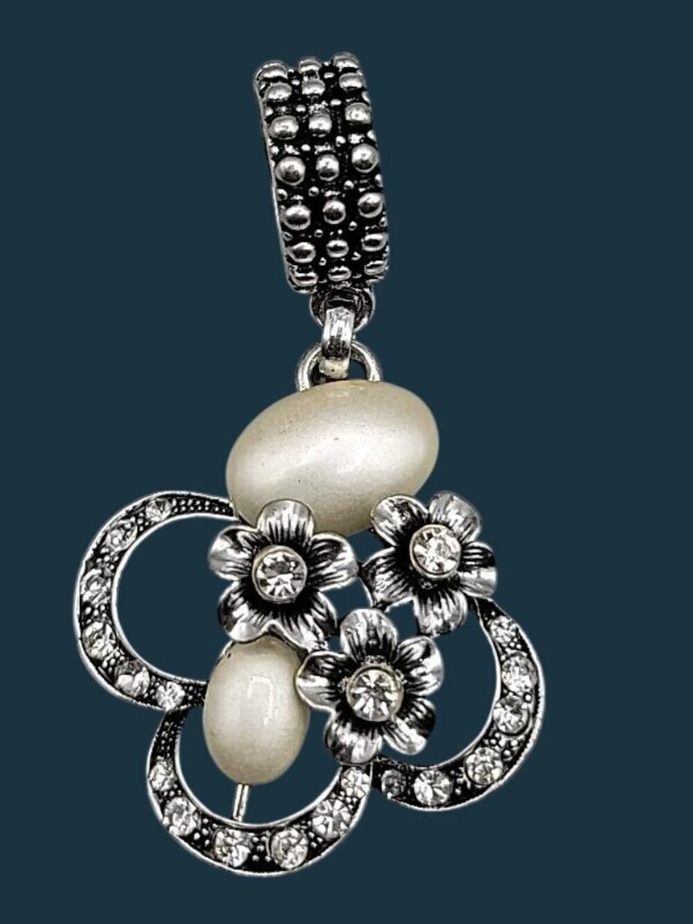 Vintage Silver-Tone Floral Scarf Slide with Faux Pearls & Clear Rhinestones